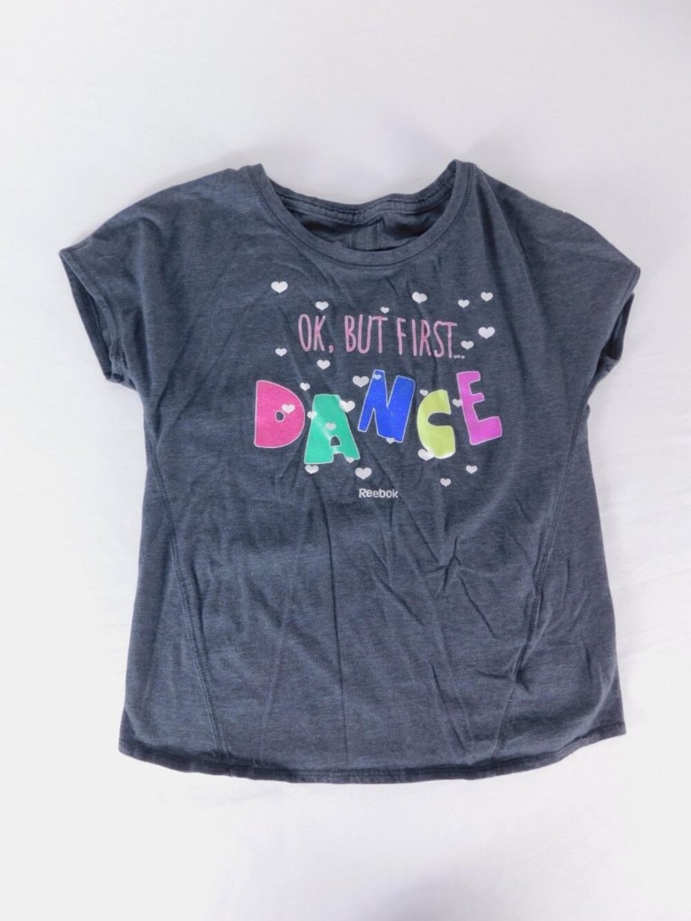 Reebok Shirt Girls 10-12 Gray OK But First Dance Graphic Heart Tee Activewear